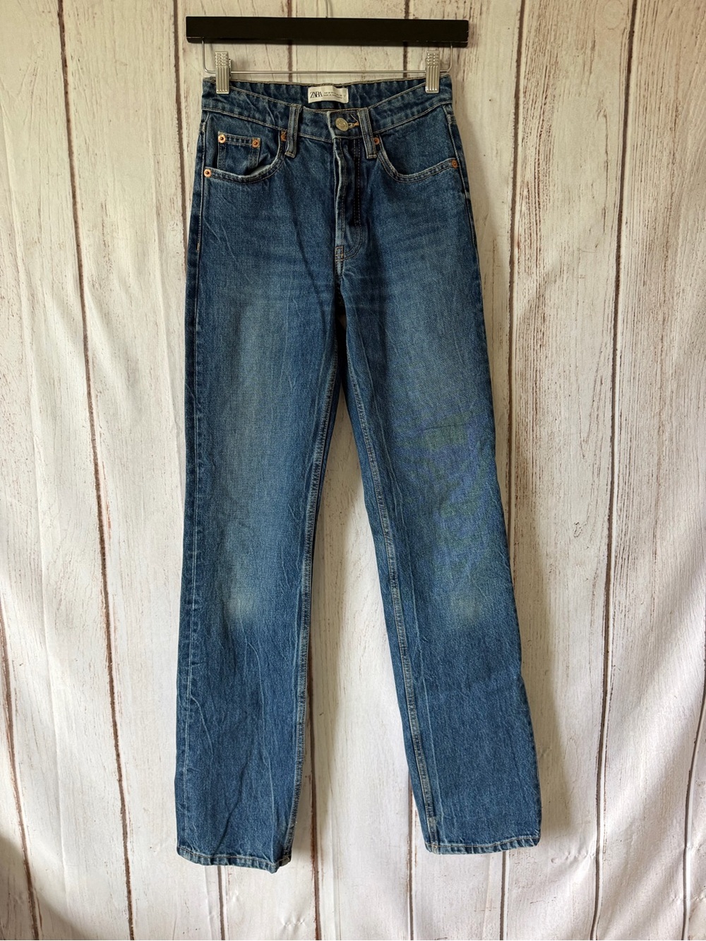 Zara Blue Straight Leg Denim Jeans Size O EUR 32 Button Fly High Rise